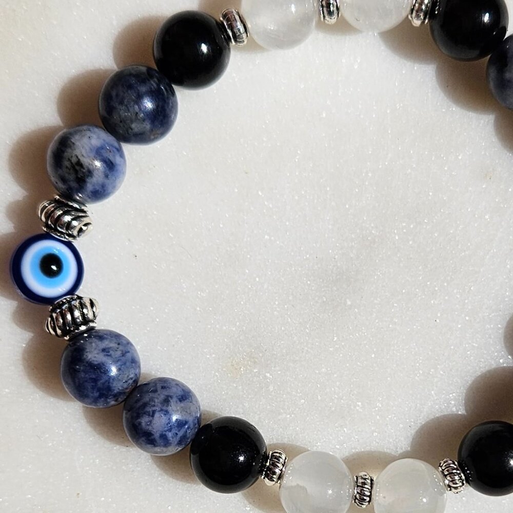 Natural Stone Evil Eye Bracelet (Selenite, Black Obsidian, Blue Sodalite) View 3